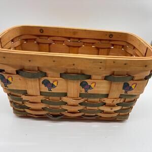 Woven Wicker Basket Painted Chickens Farmhouse Country Green MISSING HANDLE